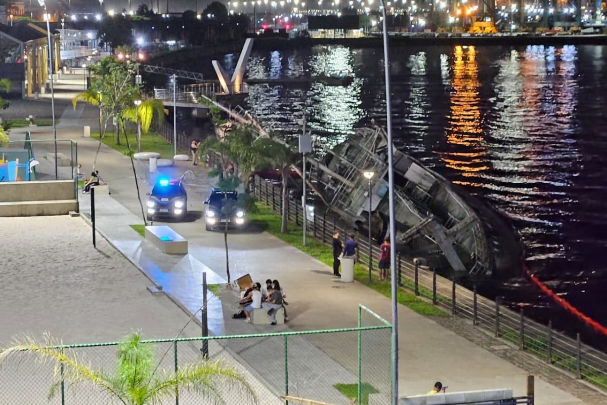 Navio aderna e repousa no fundo do estuário em Santos; autoridades agem