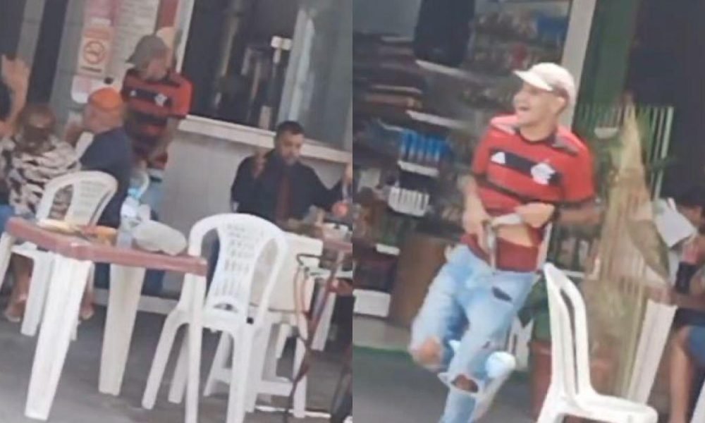 o motorista de um carro mostram o suspeito, vestido com uma camisa vermelha e pr