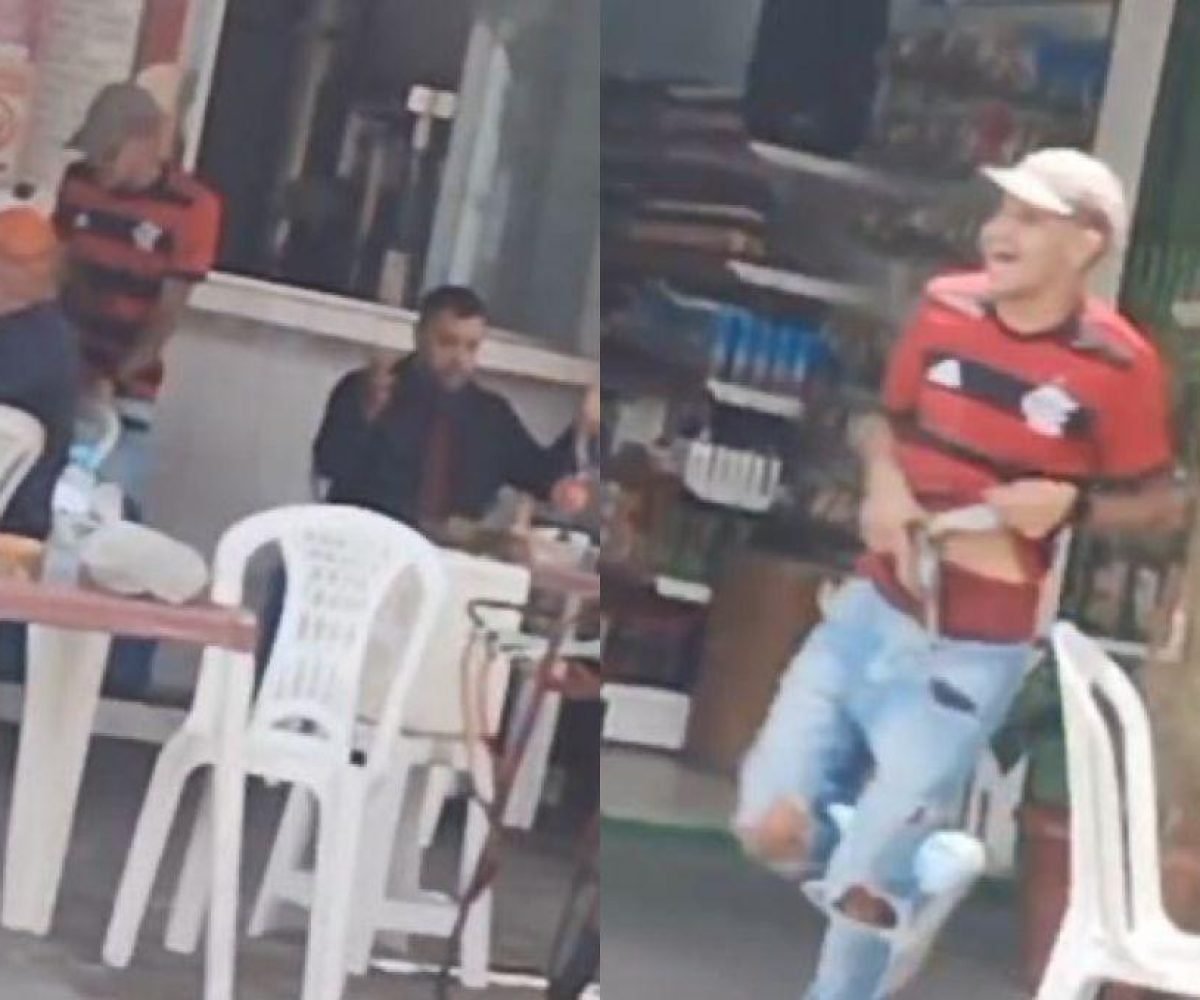 o motorista de um carro mostram o suspeito, vestido com uma camisa vermelha e pr