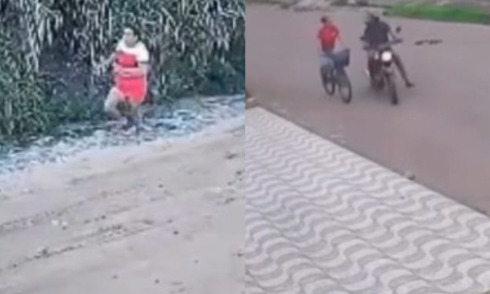 um homem em uma motocicleta. O suspeito se aproxima, anuncia o assalto e exibe u