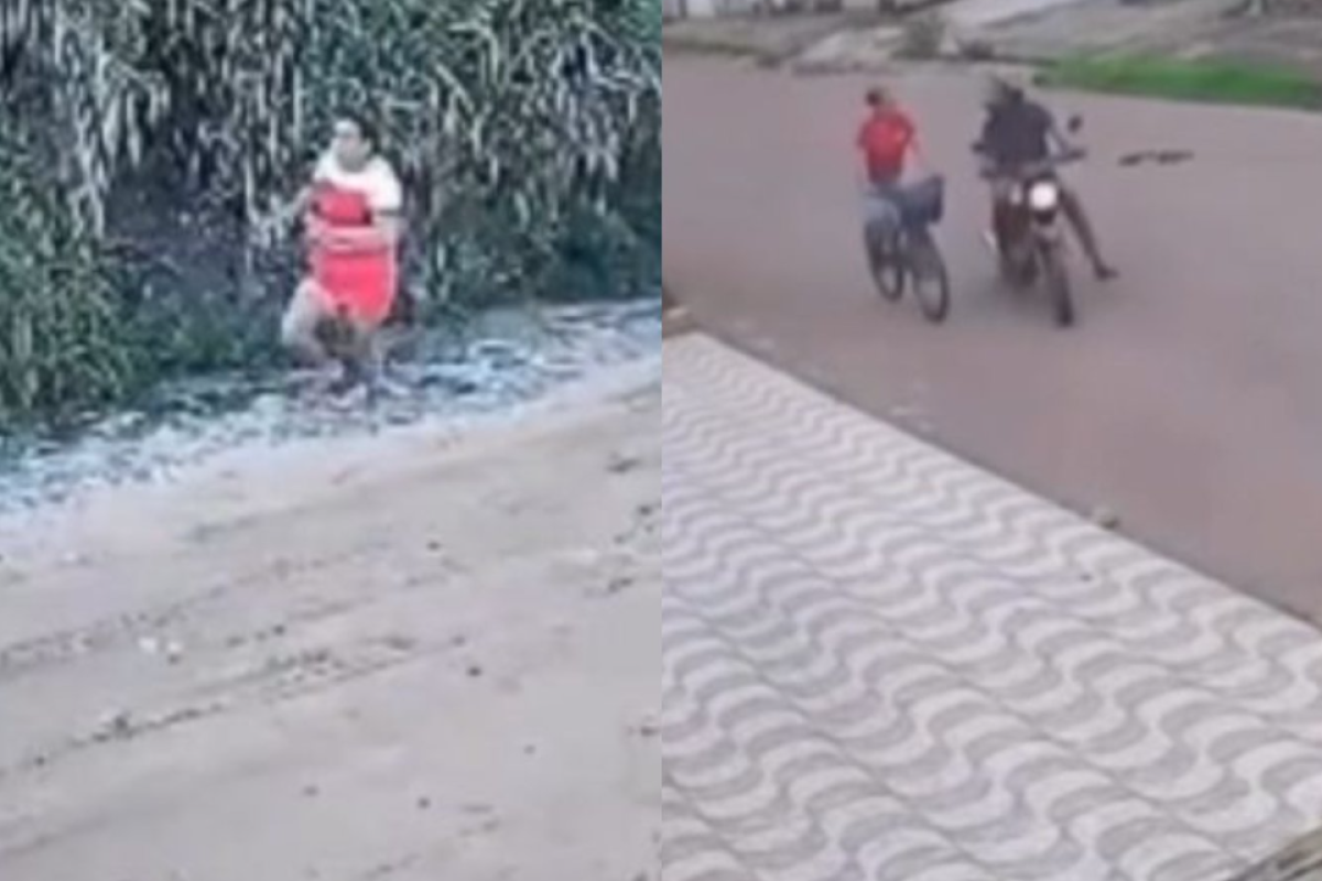 um homem em uma motocicleta. O suspeito se aproxima, anuncia o assalto e exibe u