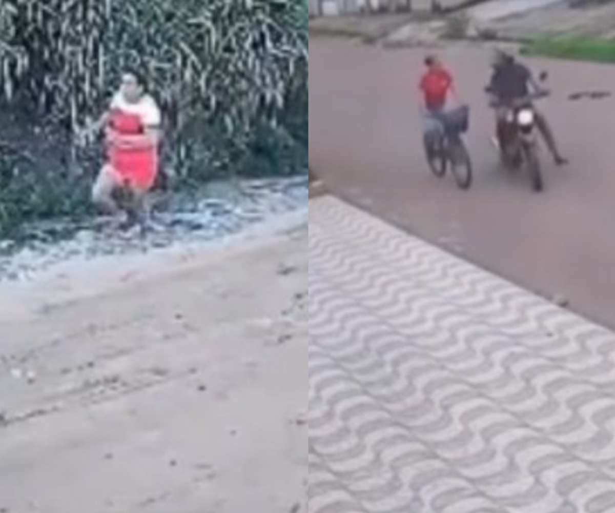 um homem em uma motocicleta. O suspeito se aproxima, anuncia o assalto e exibe u