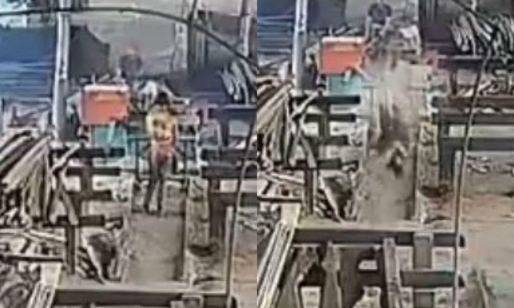uma câmera de segurança. A vítima foi atingida por um pedaço de madeira de um ma