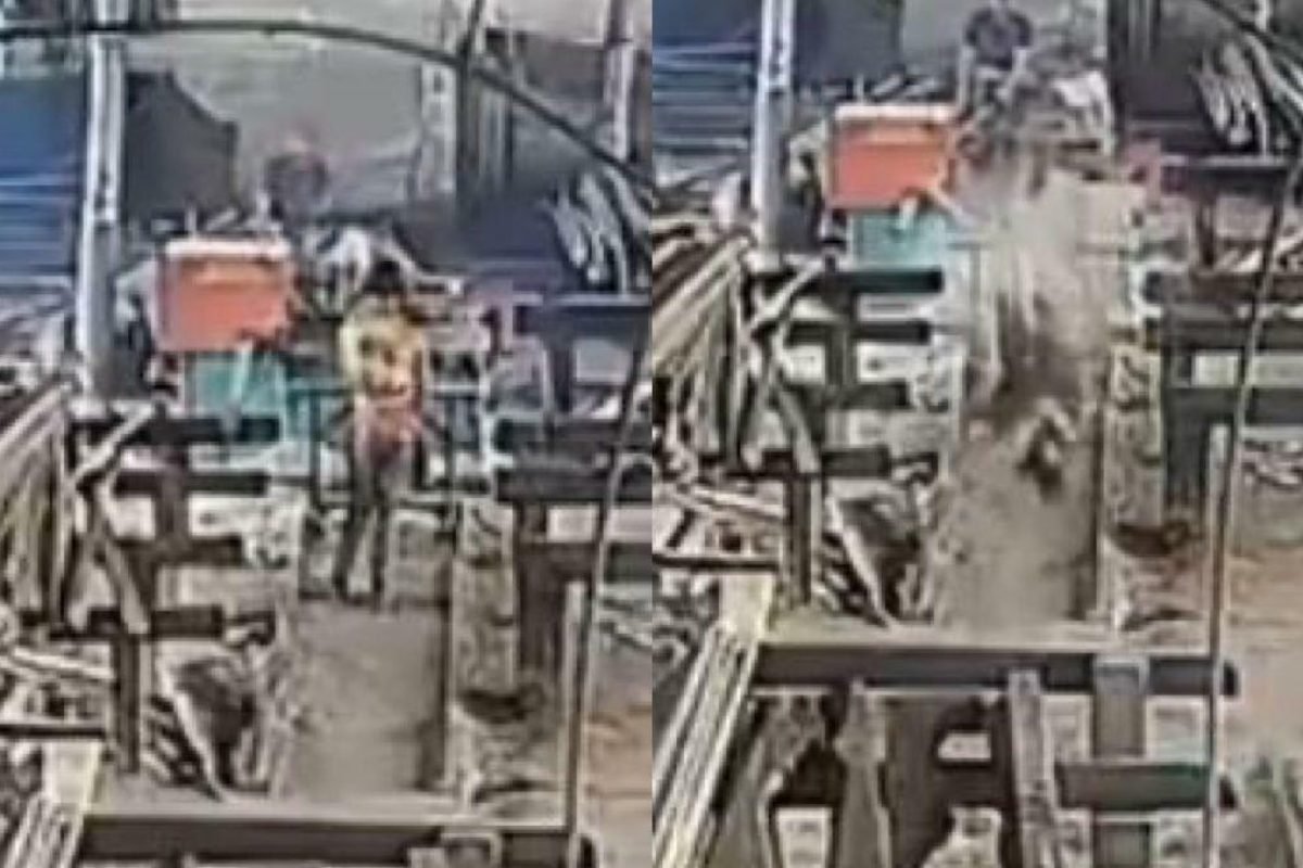 uma câmera de segurança. A vítima foi atingida por um pedaço de madeira de um ma