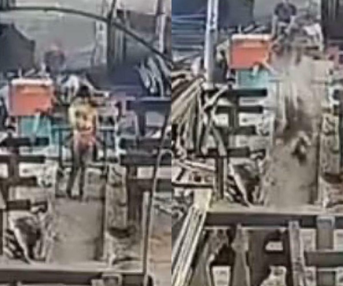 uma câmera de segurança. A vítima foi atingida por um pedaço de madeira de um ma