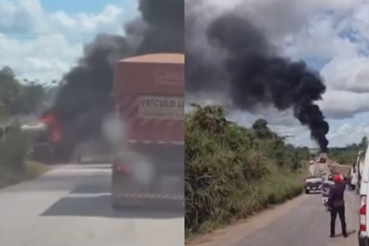 um incêndio de grandes proporções na BR-158, entre os municípios de Redenção e S