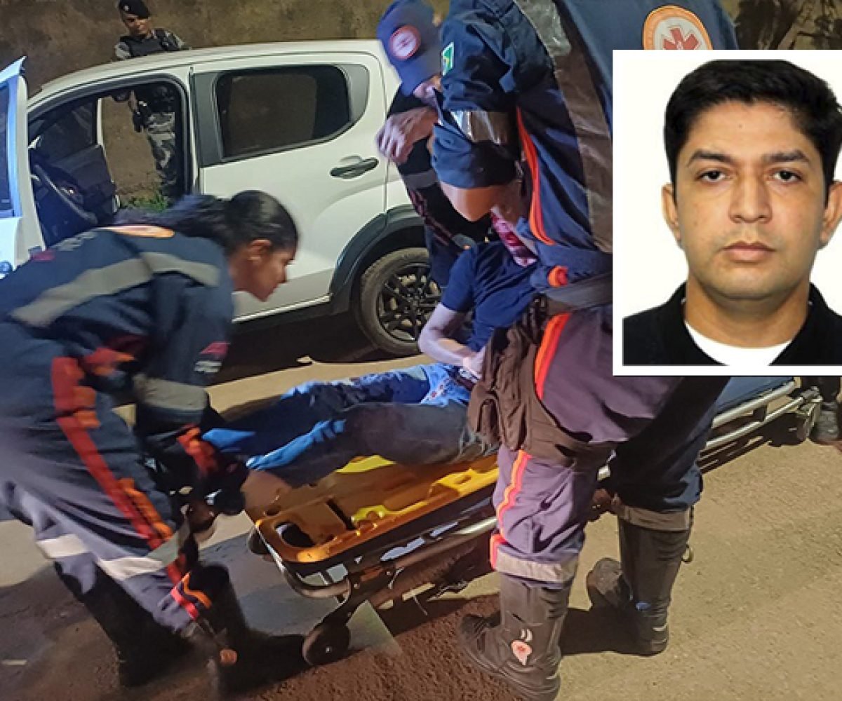 Homem sendo socorrido por equipe de resgate em maca, com carro e policial ao fundo, e foto de outro homem em destaque.