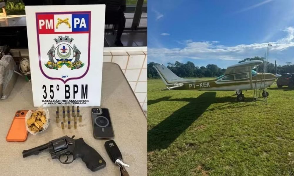 te, cerca de 750 gramas de ouro e uma arma de fogo. Segundo informações da PM, a