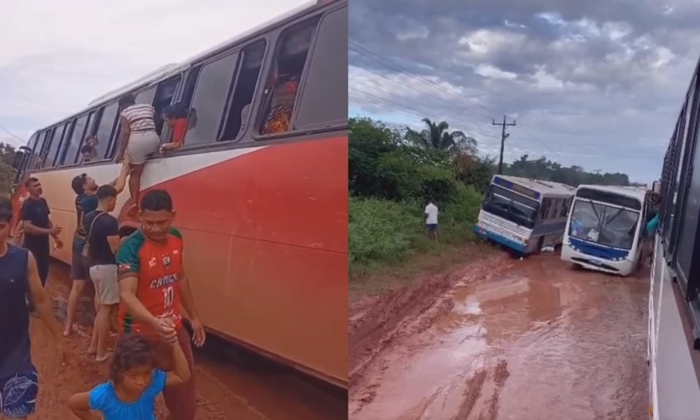 usuários da estrada mostram vários ônibus atolados no trecho. Em uma das imagens