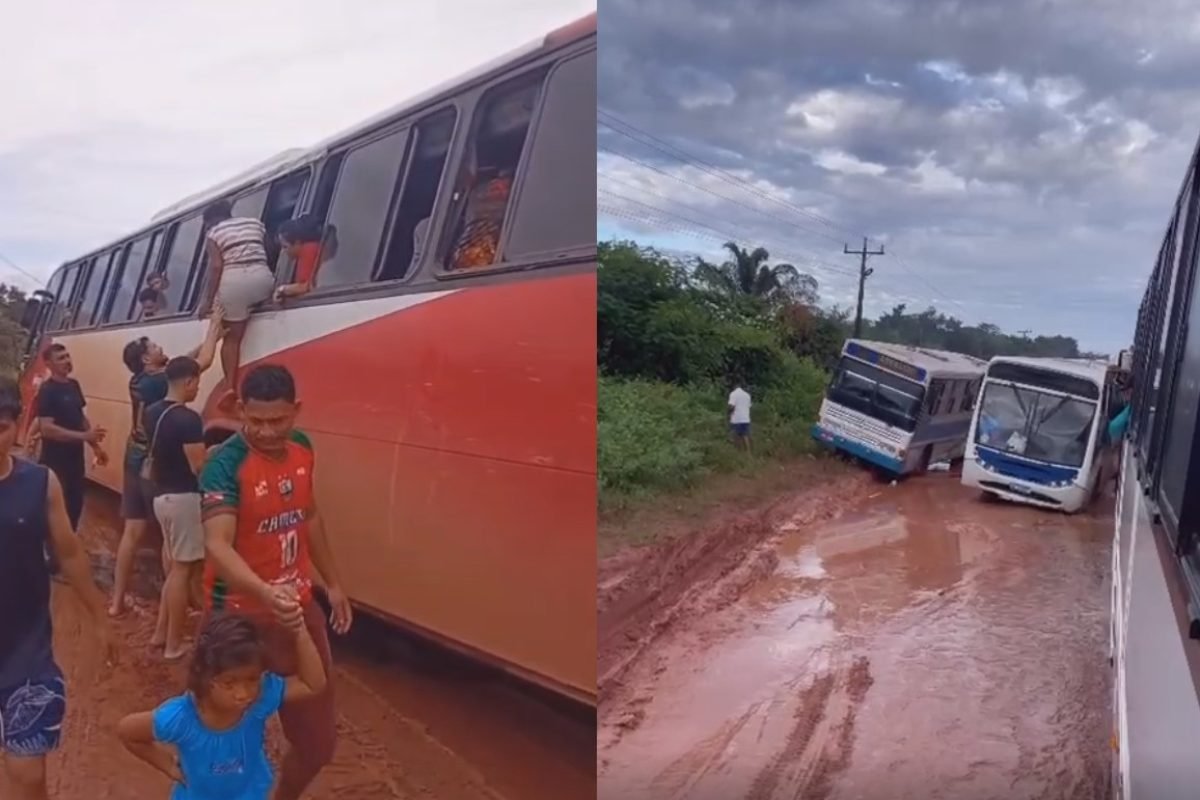usuários da estrada mostram vários ônibus atolados no trecho. Em uma das imagens