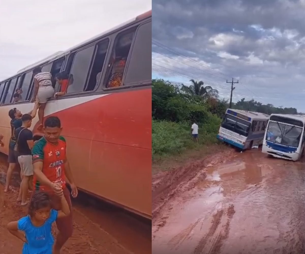 usuários da estrada mostram vários ônibus atolados no trecho. Em uma das imagens