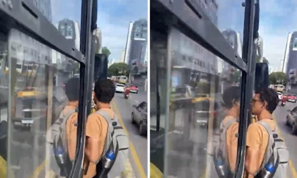 Passageiro viajou trecho pendurado em ônibus em Belém TV Liberal/Reprodução