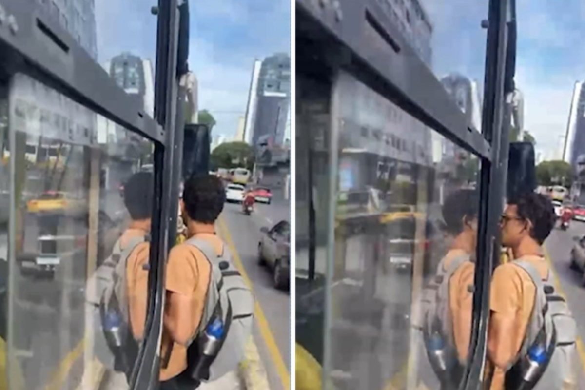 Passageiro viajou trecho pendurado em ônibus em Belém TV Liberal/Reprodução