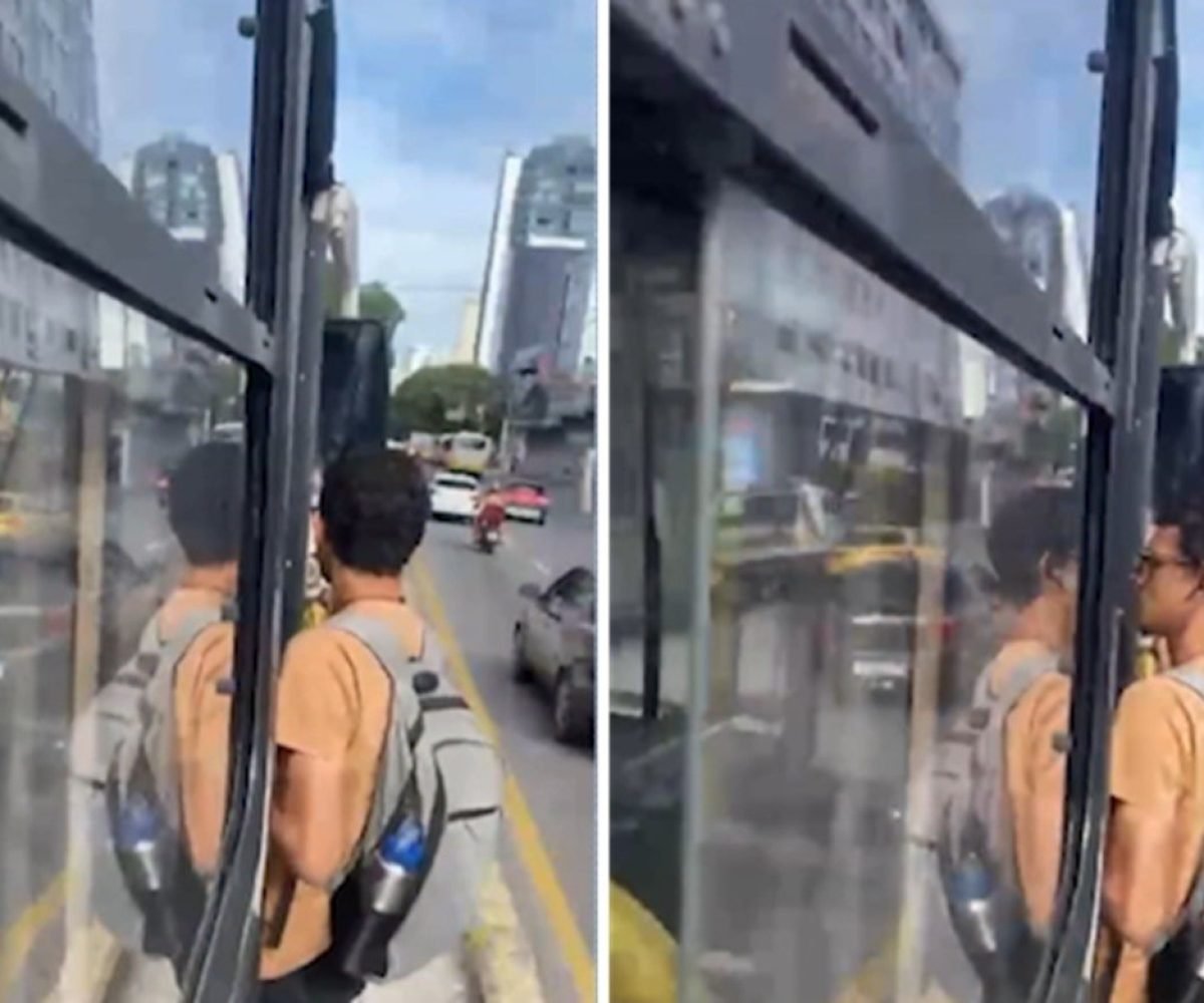 Passageiro viajou trecho pendurado em ônibus em Belém TV Liberal/Reprodução